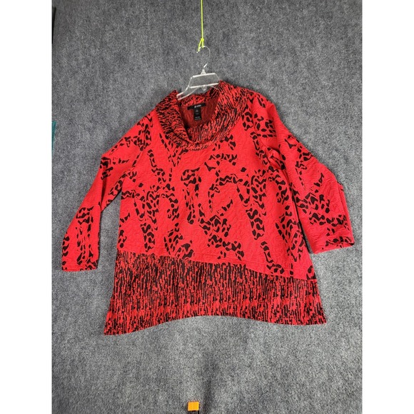 Ali Miles‎ Cowl Neck Tunic Top Abstract Print Textured Red Black Women Size L - Picture 1 of 9